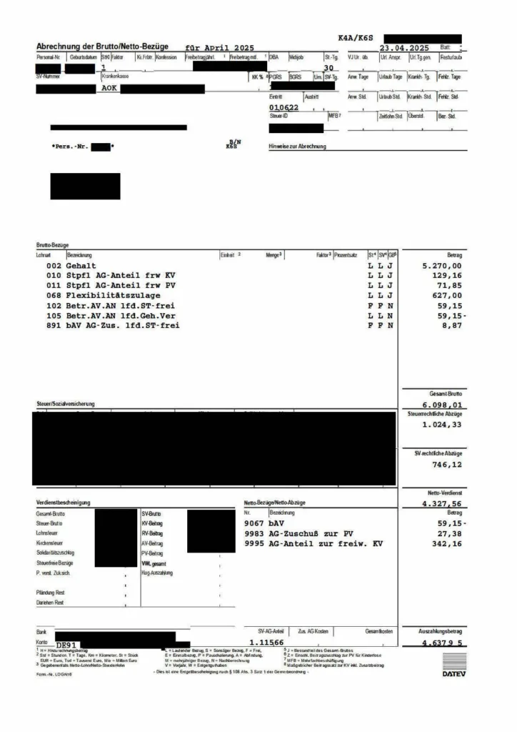 Abrechnung der Brutto-/Netto-Bezüge für Steuer_April, detaillierte Auflistung von Vergütungen und Abzügen
