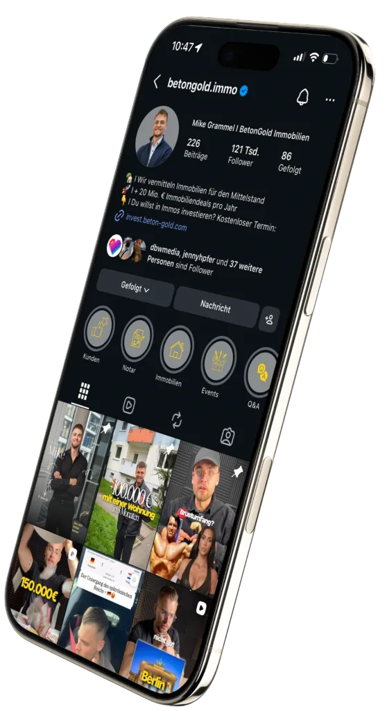 Das iPhone zeigt das Instagram-Profil von Mike Grammel, Geschäftsführer von BetonGold Immobilien, mit zahlreichen Beiträgen